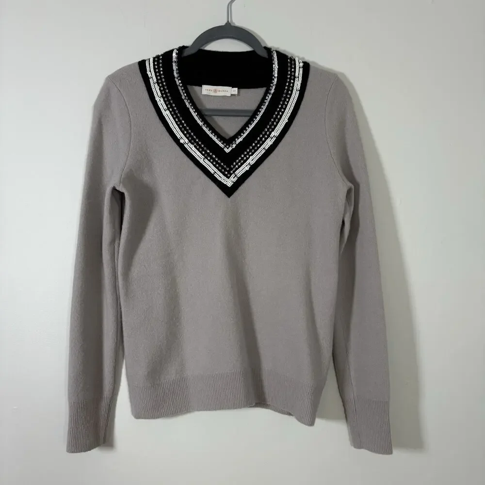 Tory Burch Gray Merino Wool Embellished Sequin V-Neck Sweater Size S/P Preppy